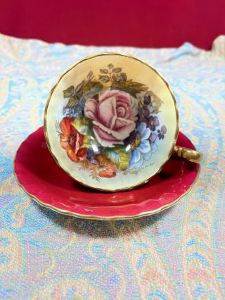 STUNNING AYNSLEY CHERRY RED TEACUP & SAUCER CABBAGE ROSE SIGNED J A BAILEY 3