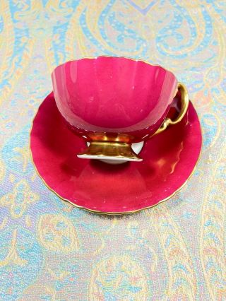 STUNNING AYNSLEY CHERRY RED TEACUP & SAUCER CABBAGE ROSE SIGNED J A BAILEY 6