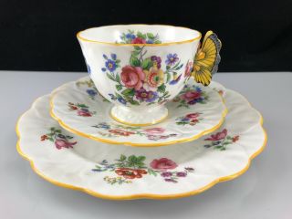 Rare Aynsley Floral Trio Tea Cup & Saucer,  Dessert Plate With Butterfly Handle