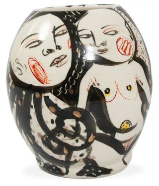 Akio Takamori Large Vase Studio Pottery " Leda & Swan With Zeus " Art Vessel Gold