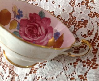 PARAGON Deep Pink CABBAGE ROSE Gold Leaf TEA CUP SAUCER teacup Double Warrant 5