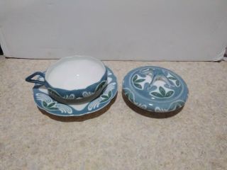 Meissen Art Nouveau Fine Porcelain Tea Cup,  Sugar Bowl W/lid Green Theodor Grust