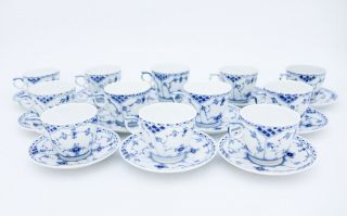 12 Cups & Saucers 756 - Blue Fluted Royal Copenhagen - Half Lace