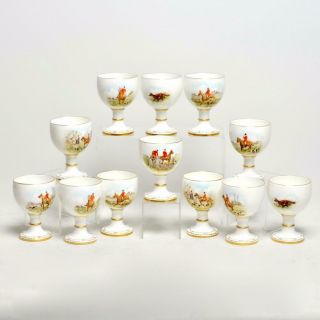 Set Of (12) Vintage Royal Crown Derby China Goblets W/ Hunting Scenes,  1940