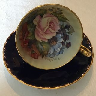 Aynsley Cobalt Blue Cabbage Rose Cup And Saucer / Signed J.  A.  Bailey / England