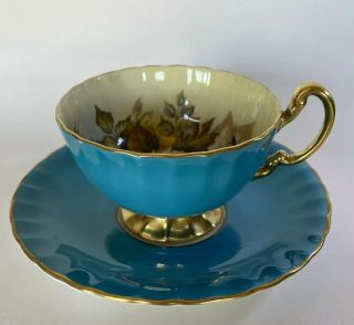 Aynsley Cabbage Rose Teacup And Saucer Signed J A Bailey - Blue