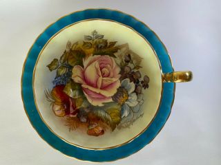 Aynsley Cabbage Rose Teacup And Saucer Signed J A Bailey - BLUE 2