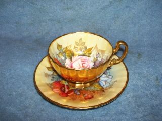 Signed J A Bailey Aynsley England Pink Cabbage Roses Gold Tea Cup Saucer C804