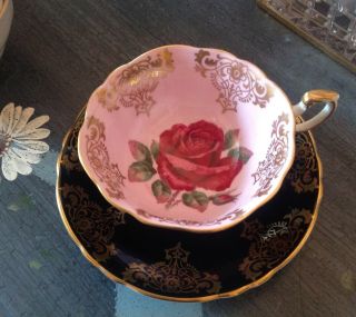 Rare Paragon Pink Black Cabbage Red Rose Tea Cup And Saucer Artist Signed Teacup