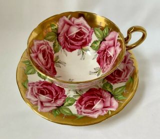 Vintage Aynsley 9 Pink Cabbage Rose And Gold Bone China Teacup And Saucer