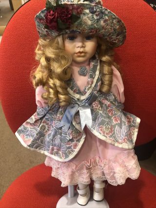 16 " Vintage Blonde Porcelain Doll With Hat