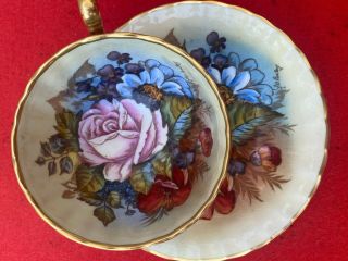 STUNNING AYNSLEY GOLD TEACUP & SAUCER CABBAGE ROSE SIGNED J.  A.  BAILEY 4