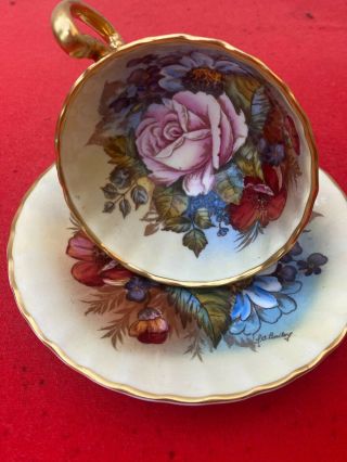 STUNNING AYNSLEY GOLD TEACUP & SAUCER CABBAGE ROSE SIGNED J.  A.  BAILEY 5