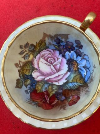 STUNNING AYNSLEY GOLD TEACUP & SAUCER CABBAGE ROSE SIGNED J.  A.  BAILEY 6