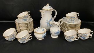 Meissen Porcelain Coffee Set Blue & Gold Flowers & Insects 41 Pc Service For 12