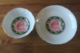 Paragon Large Cabbage Pink Rose Black Light Blue Gold Teacup Tea Cup Saucer 3