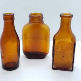 (3) Vintage Brown Glass Small Antique Medicine Bottles 3 1/2 " - 3 3/4 " Tall 26