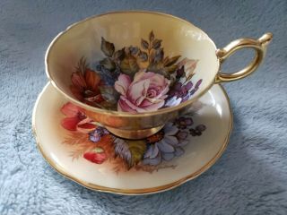 Stunning Aynsley Gold Teacup & Saucer Cabbage Rose Signed J A Bailey