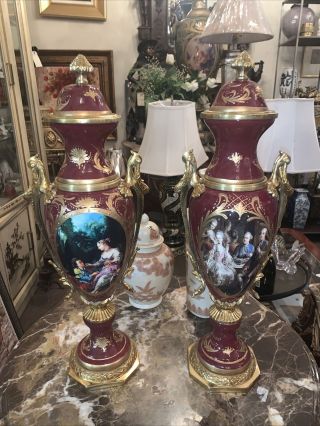 Pair French Sevres Style Porcelain Lidded Urns Burgundy Gold 24”