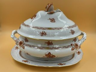 Herend Rust Chinese Bouquet Covered Soup Tureen Rose Finial With Underplate