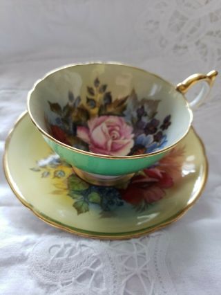 Rare Aynsley Cabbage Rose Teacup And Saucer Signed J A Bailey - Green