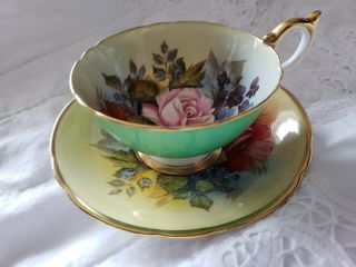 RARE Aynsley Cabbage Rose Teacup and Saucer Signed J A Bailey - GREEN 2
