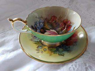 RARE Aynsley Cabbage Rose Teacup and Saucer Signed J A Bailey - GREEN 3