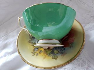 RARE Aynsley Cabbage Rose Teacup and Saucer Signed J A Bailey - GREEN 4