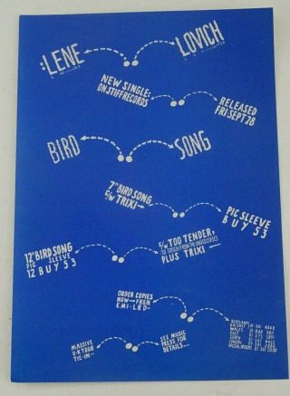 Lene Lovich Bird Song Stiff Records 7 " / 12 " Dealer Information Flyer 1979
