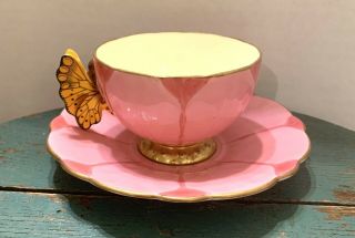 Aynsley Very Rare Pink And Gold Tea Cup And Saucer,  Butterfly Handle England