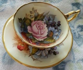 Aynsley Bone China Gilt Footed Cup,  Saucer Bailey Roses - Repair Handle