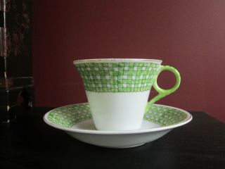 Vintage Art Deco Hand Painted Tea Cup Saucer Chartreuse Green Snake Skin Signed