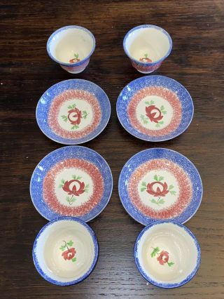 Staffordshire Spatterware Blue And Red Spatter Set Of 4 Cups Saucers 1830’s