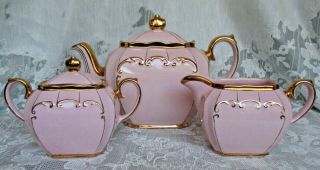 Equisite Vintage Sadler Cube Teapot Cream & Sugar Set Baby Pink & Gold Gilt Nbu