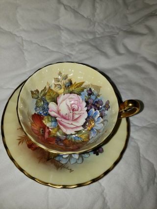 Spectacular Aynsley Cabbage Rose Teacup/saucer Signed J A Bailey - Cream Yellow