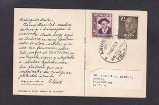 Andorra,  Spain 1958 Combination Dear Doctor Post Card To The Usa