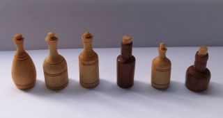 6 Vintage Beautifully Handcrafted Miniature Wood Turned Bottles,  Dolls House