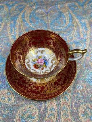 Stunning Aynsley Dark Red Teacup & Saucer Cabbage Rose Signed J A Bailey