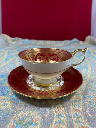 STUNNING AYNSLEY DARK RED TEACUP & SAUCER CABBAGE ROSE SIGNED J A BAILEY 2