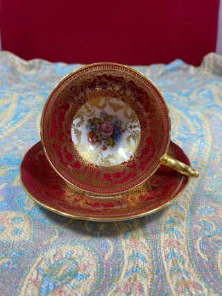 STUNNING AYNSLEY DARK RED TEACUP & SAUCER CABBAGE ROSE SIGNED J A BAILEY 3