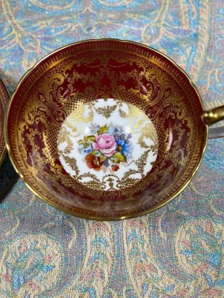 STUNNING AYNSLEY DARK RED TEACUP & SAUCER CABBAGE ROSE SIGNED J A BAILEY 5