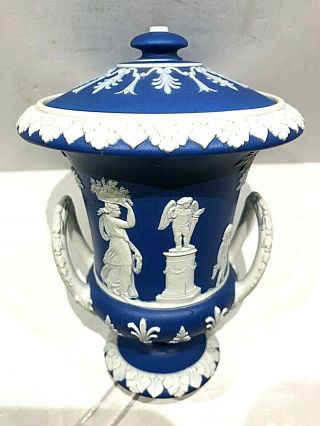 C.  1860 Wedgwood Jasperware Cobalt Blue " Campana " Lidded Urn - White Handles