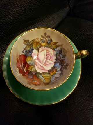 Spectacular Aynsley Cabbage Rose Teacup/saucer Signed J A Bailey - Green