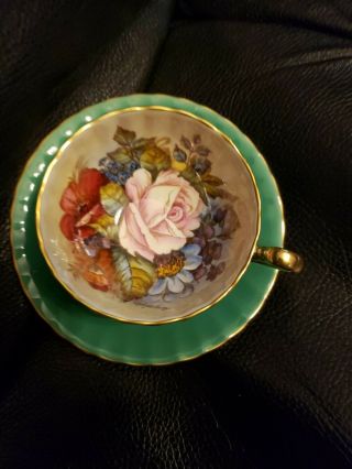 SPECTACULAR Aynsley Cabbage Rose Teacup/Saucer Signed J A Bailey - GREEN 2