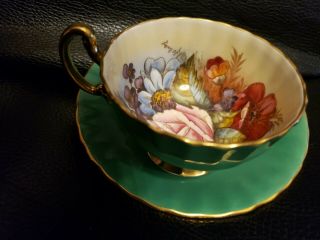 SPECTACULAR Aynsley Cabbage Rose Teacup/Saucer Signed J A Bailey - GREEN 4