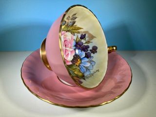 Pink Aynsley Cabbage Rose Cup And Saucer Signed J.  A.  Bailey