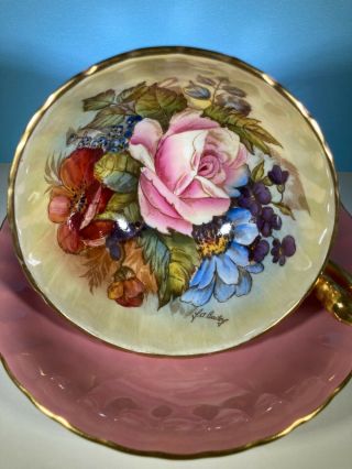 PINK AYNSLEY CABBAGE ROSE CUP AND SAUCER SIGNED J.  A.  BAILEY 2