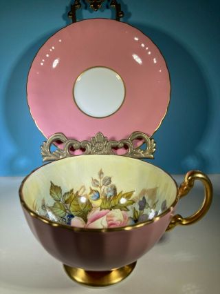 PINK AYNSLEY CABBAGE ROSE CUP AND SAUCER SIGNED J.  A.  BAILEY 3