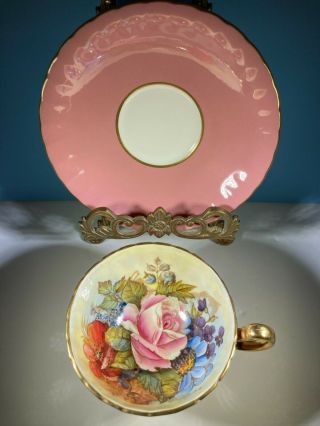 PINK AYNSLEY CABBAGE ROSE CUP AND SAUCER SIGNED J.  A.  BAILEY 4