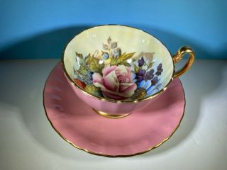 PINK AYNSLEY CABBAGE ROSE CUP AND SAUCER SIGNED J.  A.  BAILEY 5